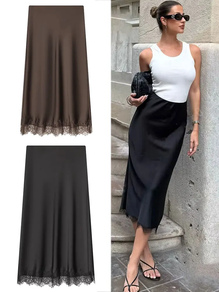 HH Women Fashion Lace Hem Skirt Elastic Waist Slim Straight Midi Skirt Woman Elegant Evening Club Party Lady Chic Skirt