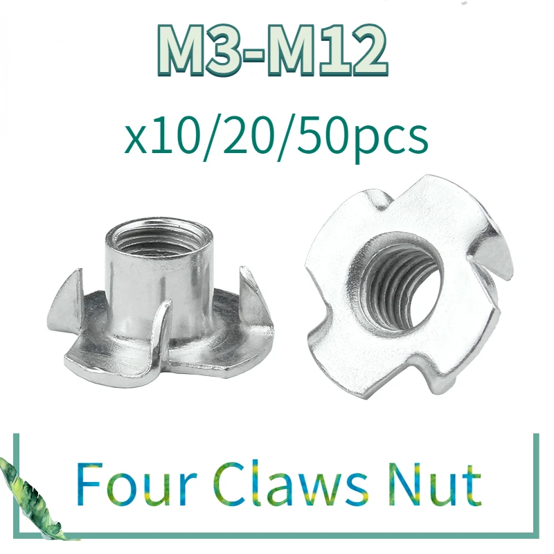 10/ 20/ 50PCS  Zinc Plated Four Claws Nut Speaker T-nut Blind Pronged Insert Tee Nut Furniture Hardware M3 M4 M5 M6 M8 M10 M12