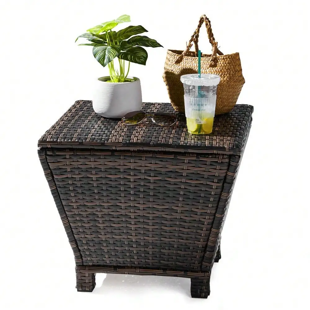 

13 Gallon Patio Outdoor PE Wicker Side Table Storage Bin Container with Lid