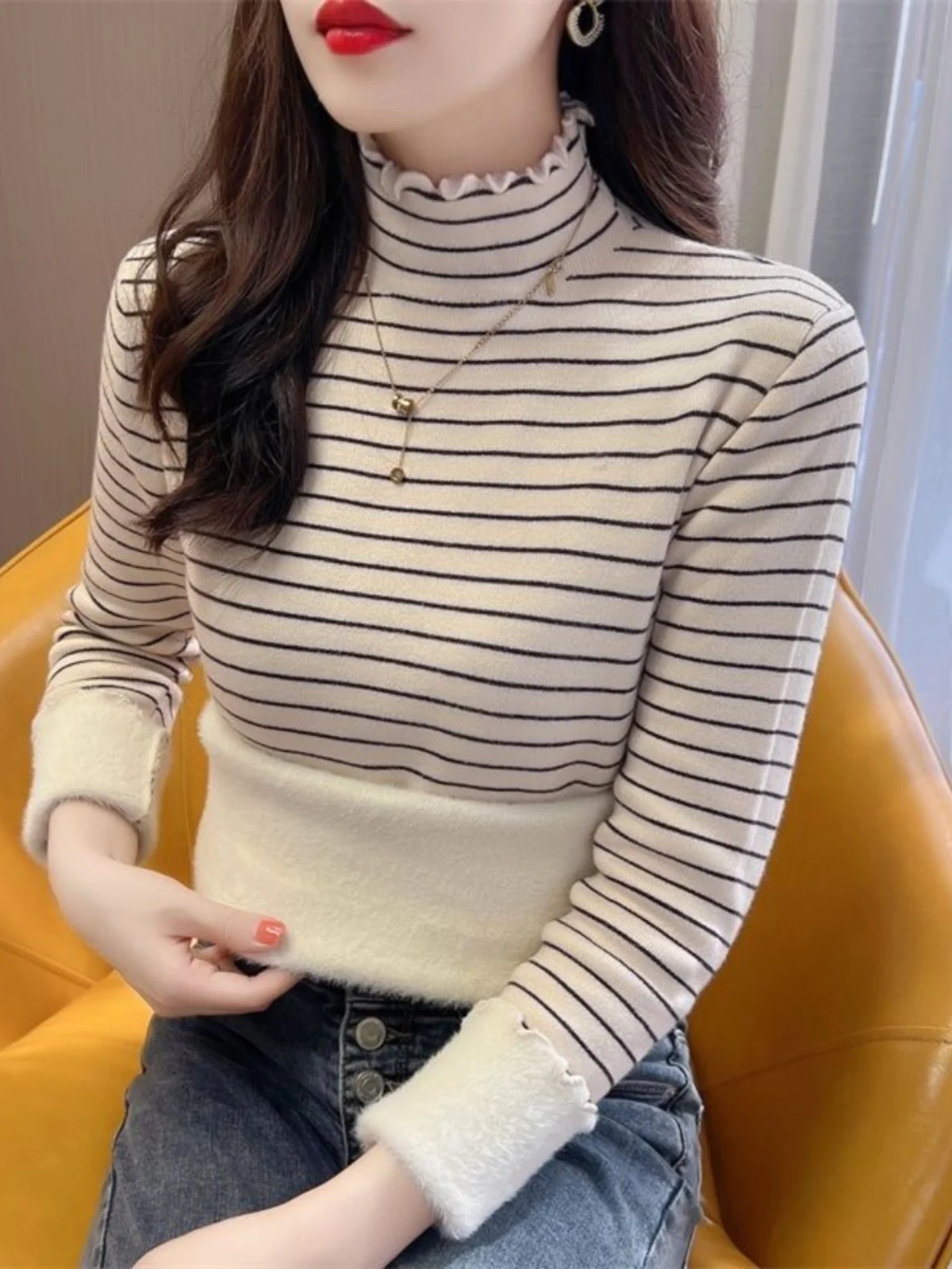

Thiened Inteated Fce Women's Knitted Sweater f High Collar Long Sve Stripe Patterned Commute Sle Winter Base S...
