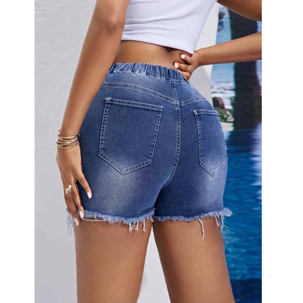 Drawstring Waist Denim Shorts For Women High Waist Stretch Ripped Hole Jeans Short Pants With Tassel