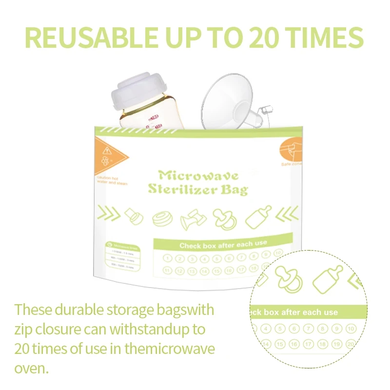 10 Uds. Bolsas esterilizadoras de microondas reutilizables sin BPA para biberones accesorios para extractor de leche, bolsa esterilizadora de microondas