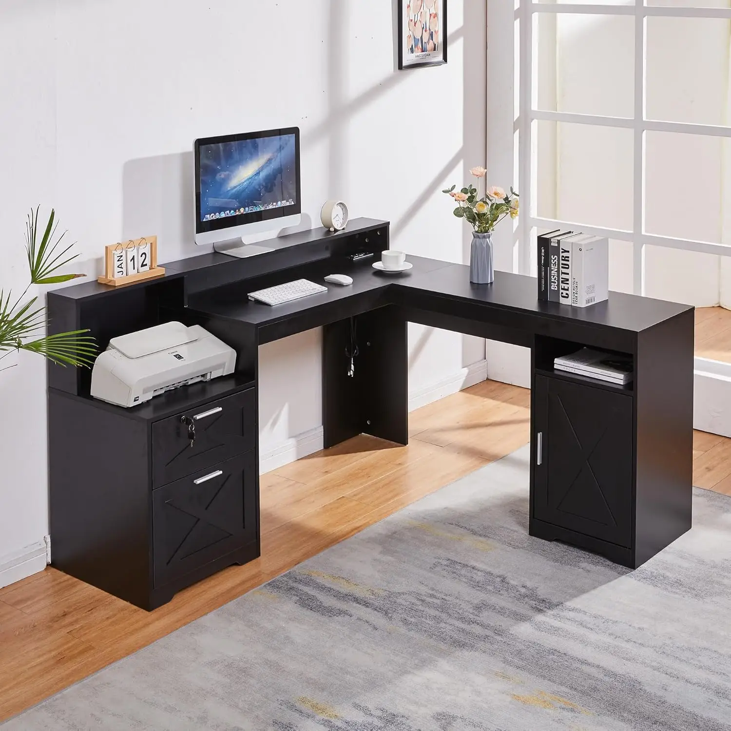 

60" L Shaped Executive Desk Power Outlets Lockable Drawers Adjustable File Cabinet Monitor Stand Office Corner, Customized