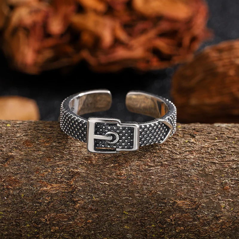 

Vintage Style 925 Sterling Silver Belt Buckle Ring with Distressed Texture Trendy Unisex Unique High-End Design