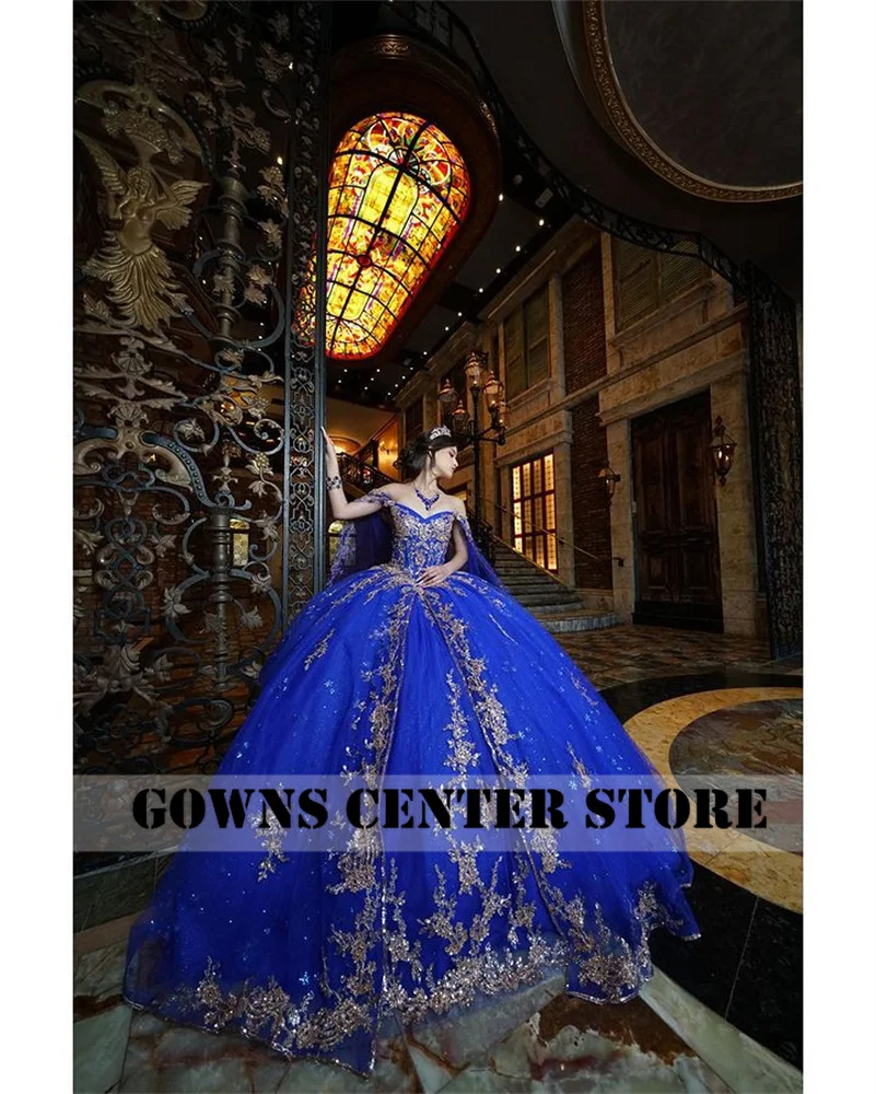 New In Royal Blue Light Gold Lace Appliques Spaghetti Quinceanera Dress For Girl With Cape Ball Gown For Sweet 15 16 Customized