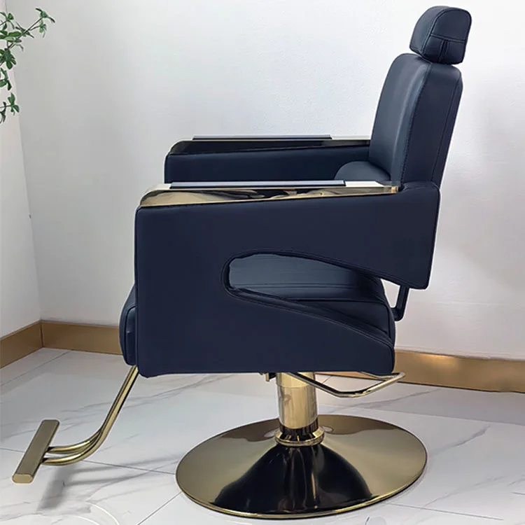 Premium Quality Leather Black Gold Reclining Barber Salon Chair 360 Degree Rotation Durable Hydraulic Salon Furniture