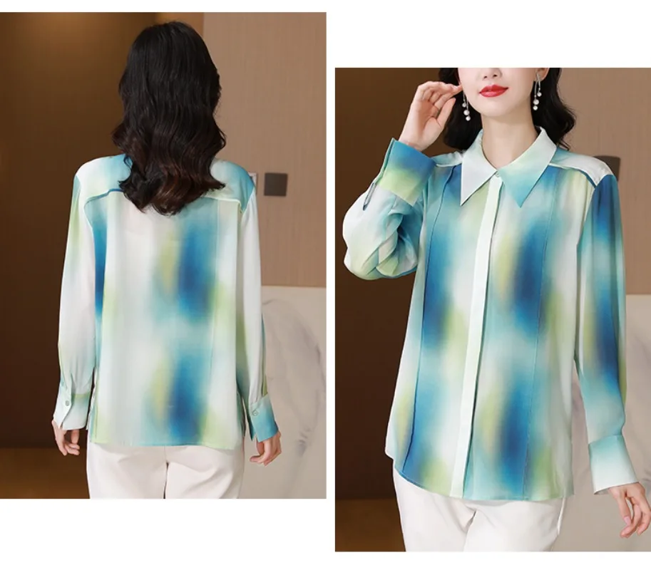 Print Women's Blouses Korean Shirts Patchwork Slim Fit Spring/Summer Vintage Clothing Satin Long Sleeve Women Tops