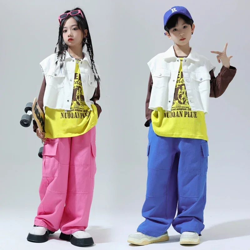 Hip Hop Clothing Girls Vest Crop Tops  Jeans Boys Jazz Street Dance Cargo Pants Children Clothes Sets Kids Teenage Party Costume