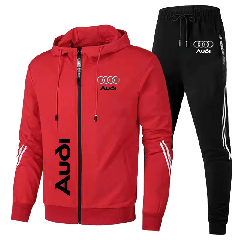 Men\'s Tracksuit Audi Logo Printing Hoodie Suits Zip Hooded Sweatshirt+Pants 2 Piece Set Men Casual Running Audi Men\'s Clothing