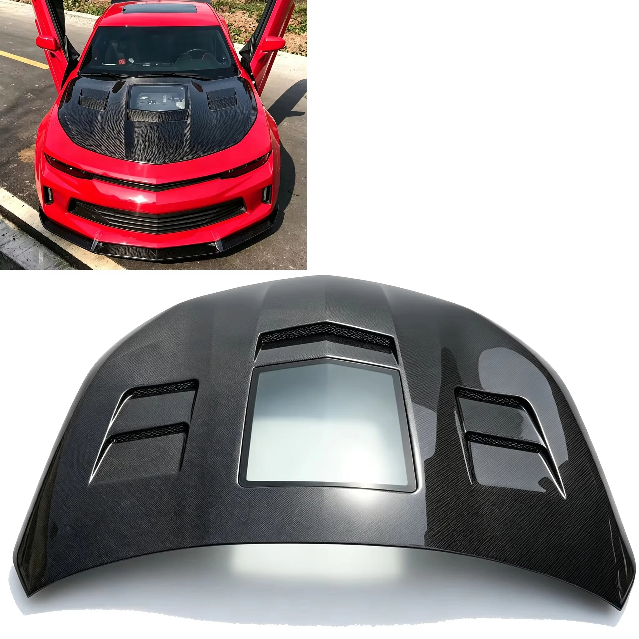 Real Carbon Fiber Hood with Transparent Glass Window for Chevrolet Camaro 6th Gen 2016-2024 ZL1 Style Engine Bonnet Cover