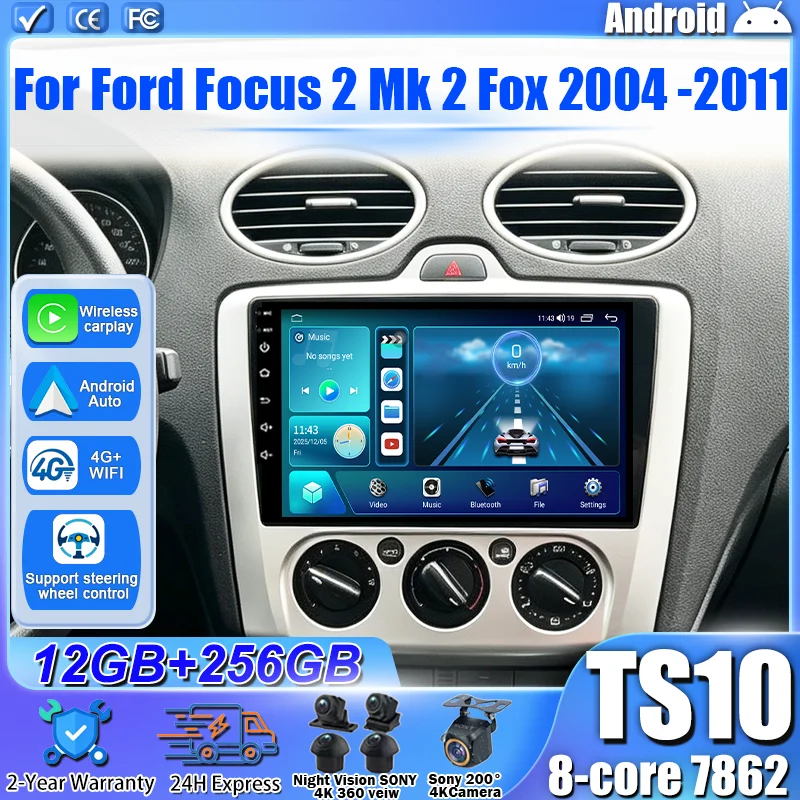 Android 16 For Ford Focus 2 Mk 2 Fox 2004 -2011 Car Radio Stereo Head Unit Multimedia Video Player GPS Navigation 2K QLED 8 Core