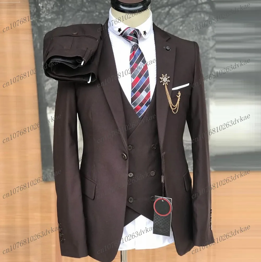 

New Dark Brown Business Men Suit Groom Groomsman Wedding Party Dress Formal Tuxedo Male Clothing Jacket Pants Vest 3 Piece Set