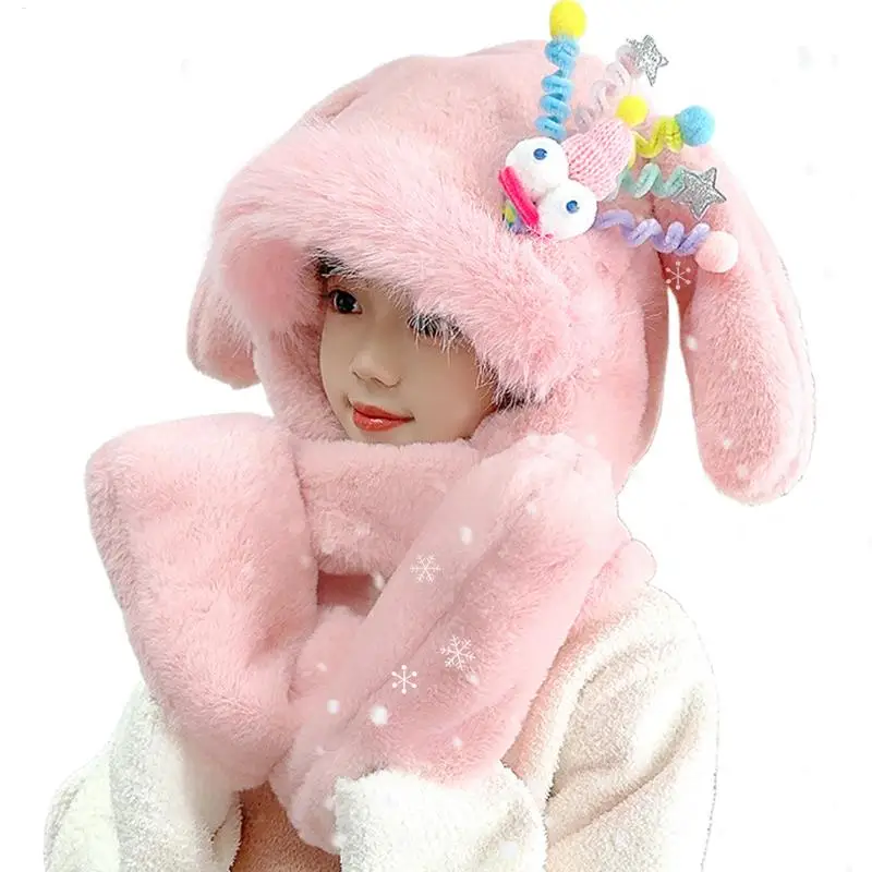 

Cute Bunny Hat With Moving Ears Plush Scarf Hat Gloves Set Women Lovely Neck Warmer Head Cover Gloves Set For Cold Weather Ear