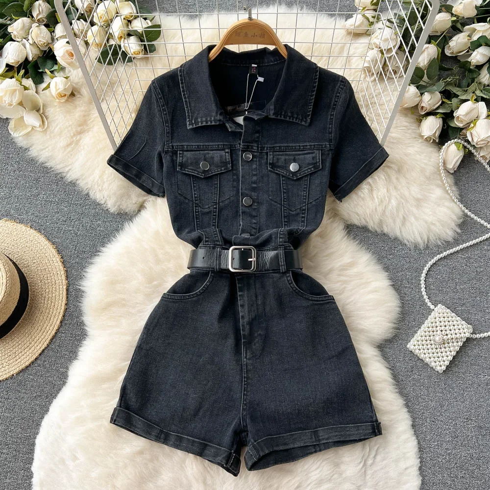 Tooling One-Piece Denim Suit Female Summer 2024 New Temperament Fashion High Waist Wide Leg Shorts Jumpsuits Overalls Shorts