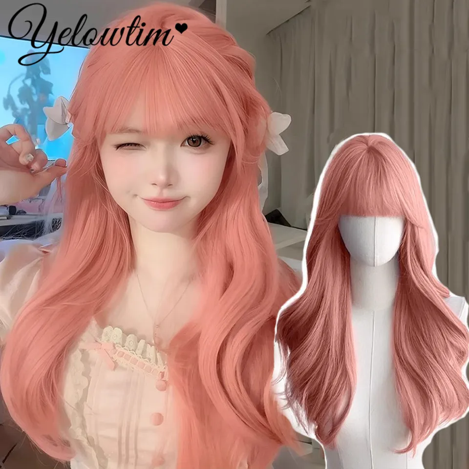 

YELOWTIM Synthetic wig women's pink long curly hair air bangs Lolita big wave fashion cosplay full head wig