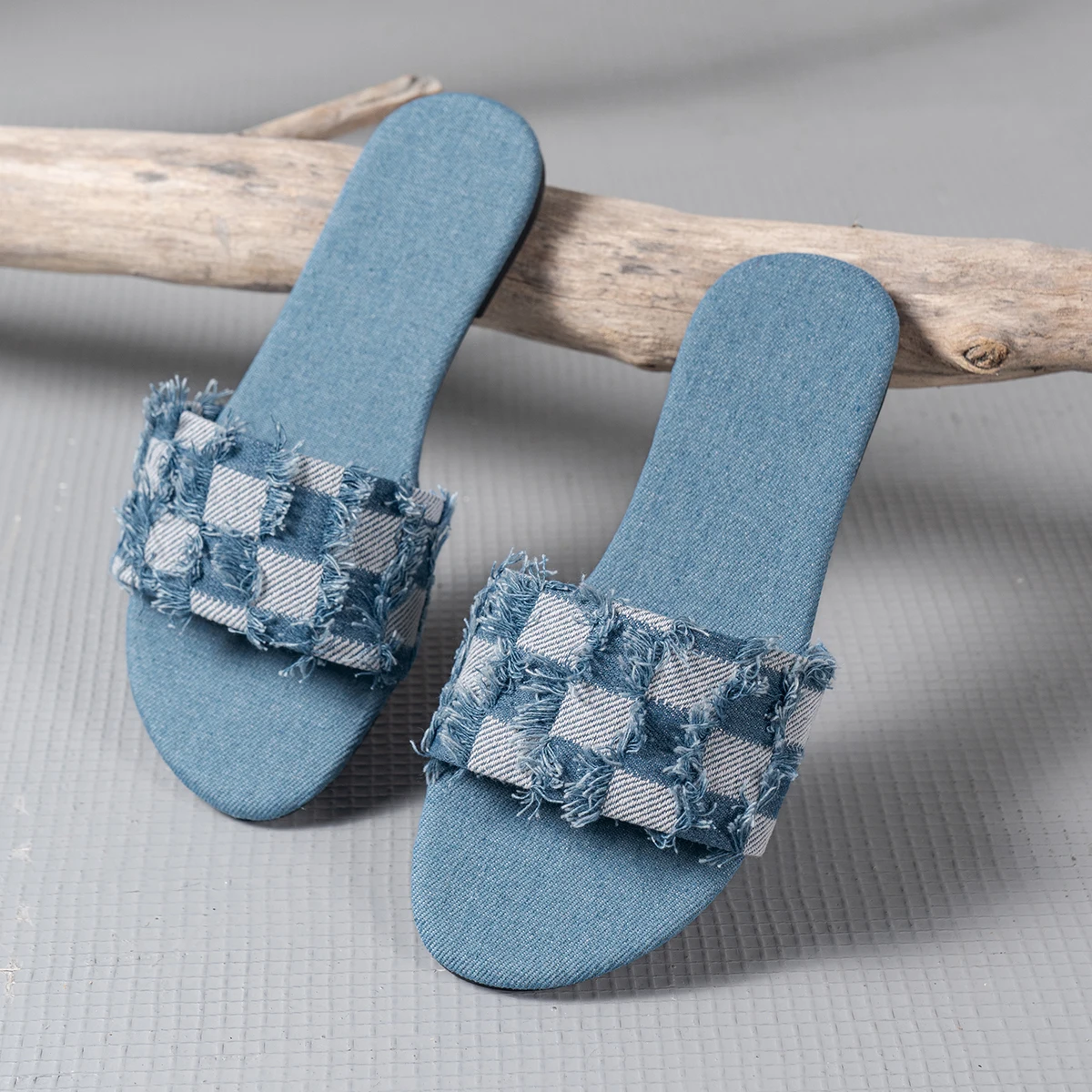 Denim Summer Slippers Women Flat Luxury Outdoor Beach Flip Flops Female Sandals Checkered Design Slides Shoes Woman 2024 Size 43