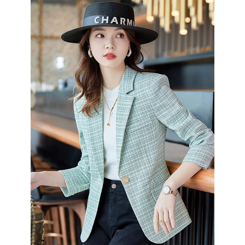 الحد الأدنى عادية منقوشة السترة زر واحد أنيقة الراقية طويلة الأكمام بلايز سترة رسمية الكورية العصرية موضة المرأة القماش #2