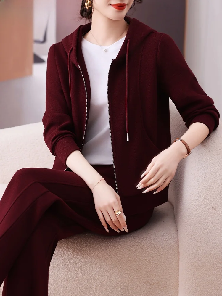 

Весенний модный комплект: худи и брюки для женщин, повседневный свободный крой, длинные брюки из смесовой ткани (полиэстер, вискоза, шерсть), на молнии, цветной