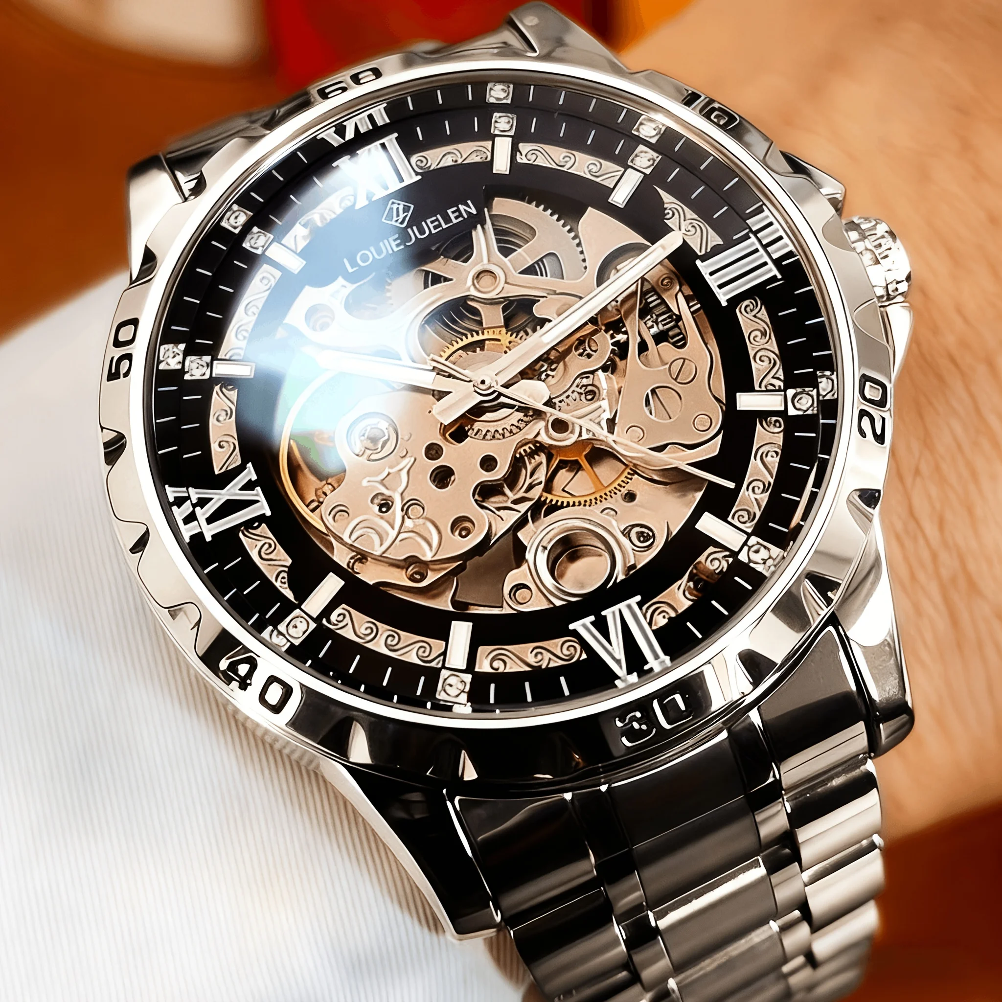 

Новые мужские автоматические механические часы с ажурным циферблатом, светящимся в темноте, водонепроницаемые, с браслетом из нержавеющей стали и бесплатным инструментом для регулировки ремешка.