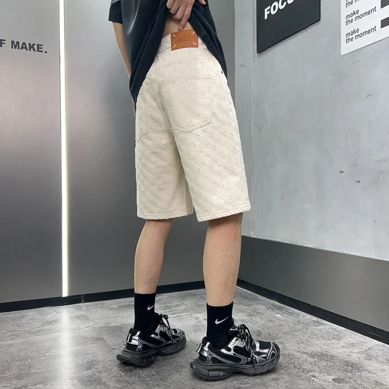 2024Summer Fashion Hip Hop Denim Shorts Men's Loose Straight Street Trend Korean StyleinsHigh Street Fifth Pants