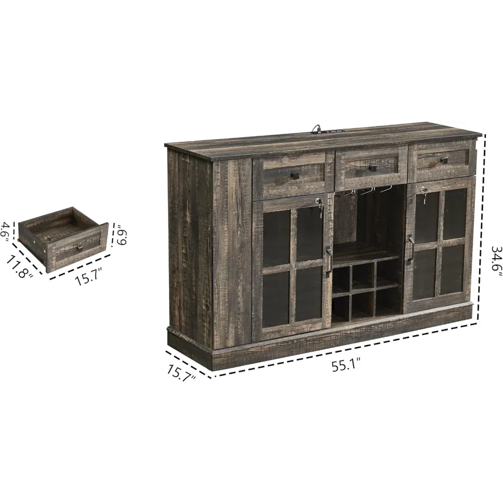 Liquor Bar Cabinet with Locks,55.1''Wine Cabinet with 7 LED Lighting,Slide-Out Shelf and Open Shelf for a Better use, 3 Drawers