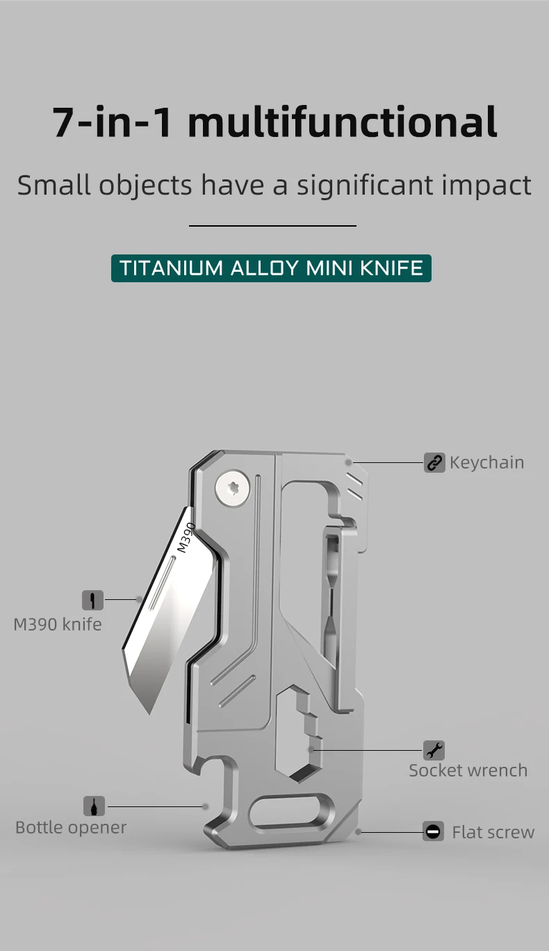 Imagem -02 - Liga de Titânio Lâmina Keychain Faca Dobrável Multifuncional Portátil Cinto Chaveiro Auto-defesa ao ar Livre Ferramenta Edc Atualização M390