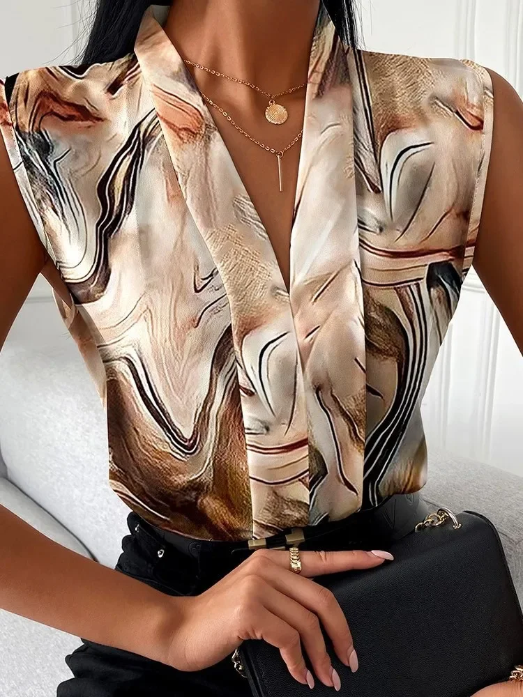 Elegant and Youthful Women\'s Shirts Summer Sleeveless Print Blouse Fashion Casual V-neck Blusa Mujer Tendencia 2024 New Tops