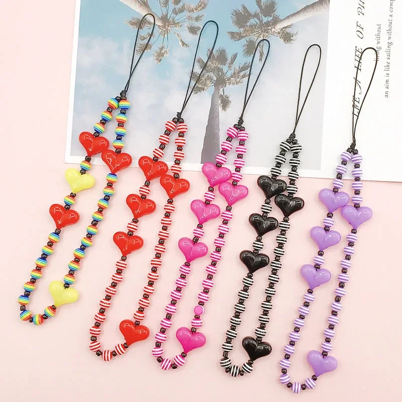 Fashion Acrylic Colorful Beads Mobile Phone Chain For Women Love Phone Case Strap Lanyard Charm DIY Jewelry Accessories