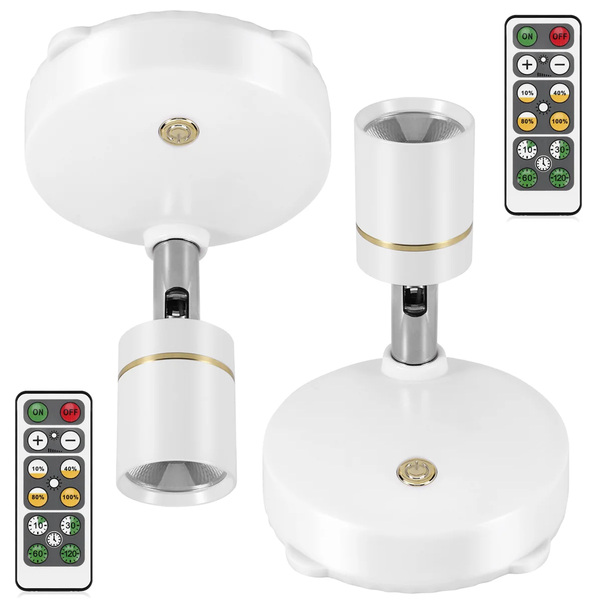 ไฟสปอตไลท์ไร้สายแบตเตอรี่ดําเนินการเน้นไฟสปอตไลท์ LED หรี่แสงได้ในร่มทุกที่โคมไฟติดผนังหมุนได้ (2 แพ็ค)