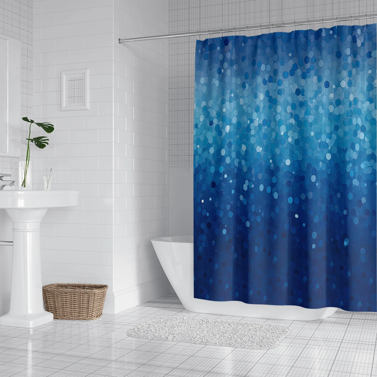 1pc, 180x180cm polyester shower curtain, mildew-proof, waterproof, perforated with hooks, anti-pilling, gradient blue dots