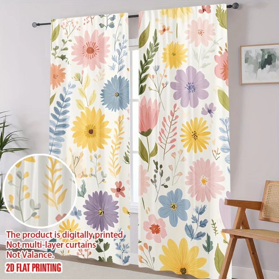 2PCS Digital Print  Curtain, Colorful Flower Clusters, Botanical Print Window Drape for Living Room Bedroom Home Decor