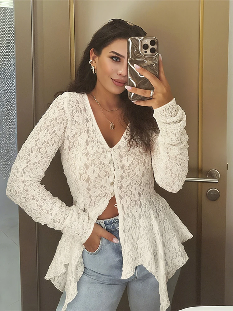 

French Emboridered Women Tops Irregular Pleated Full Sleeve V-neck Single Breasted Tees Female Autumn Streetwear