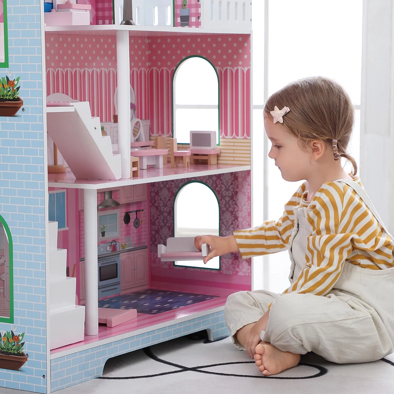 

3-х уровневый детский кукольный домик, деревянная доска плотности с мебелью, крышевым окном, мини-кукольный домик, игровой домик для детей 3 лет и выше