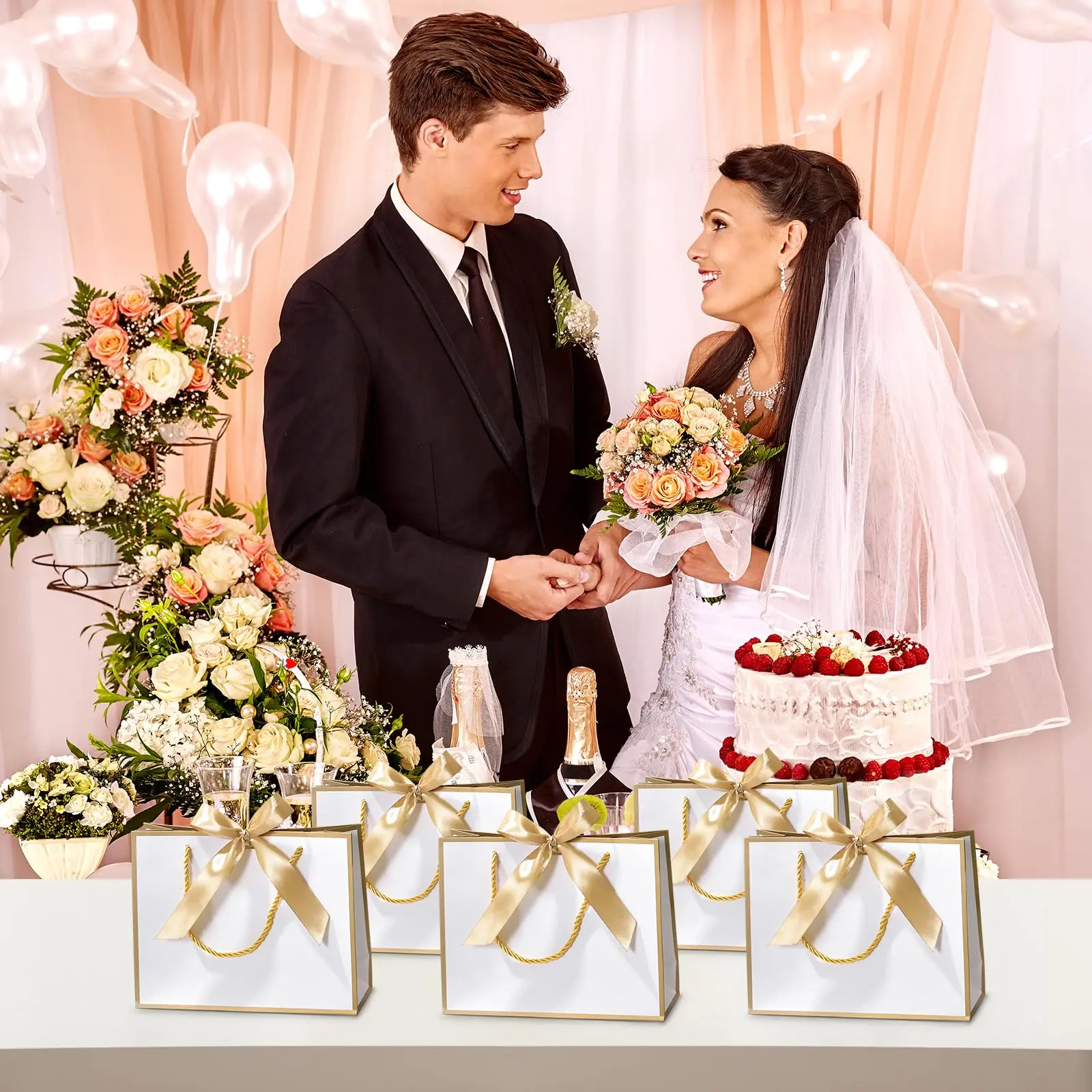 10-60Pcs Gift Paper Bags with Handles Wedding Welcome Bags Thank You Gift Bags with Bow Ribbon for Bridal/Birthday/Holiday