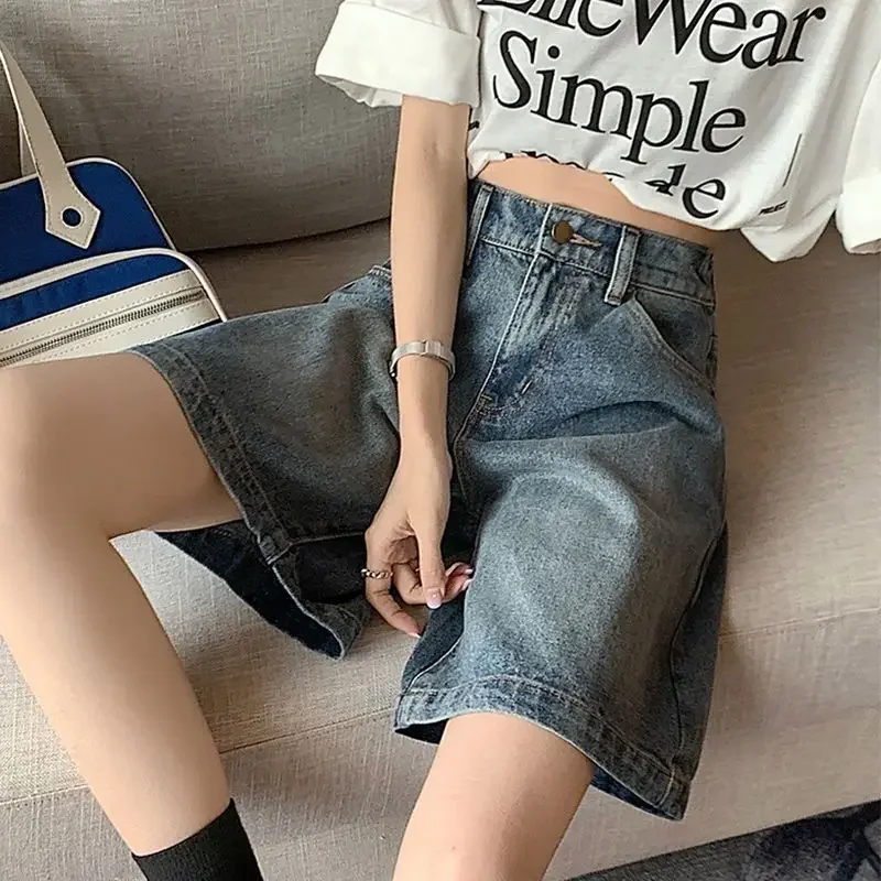 Wide Leg Denim Shorts Women Preppy Style Boyfriend Soft Summer Streetwear Unisex Vintage American Classic Loose High Waist Daily