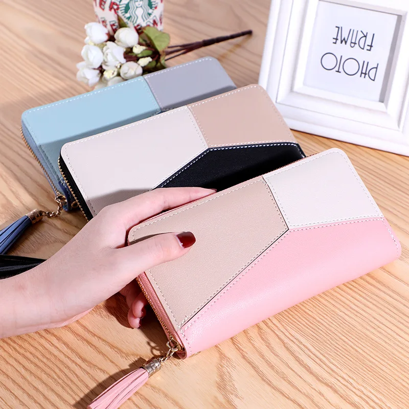 New Women's Trendy Wallet With Long Tassel Contrasting Color Zipper Hand-Held Bag Large Capacity Wallet