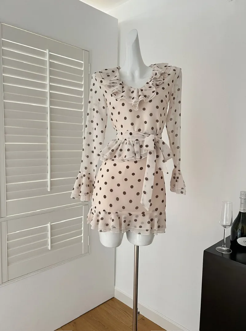 

Pure Sexy Suit Women's Summer Polka Dot Ruffled V-neck Chiffon Shirt High Waist Mini Skirt Two-piece Set Fashion Female Clothes