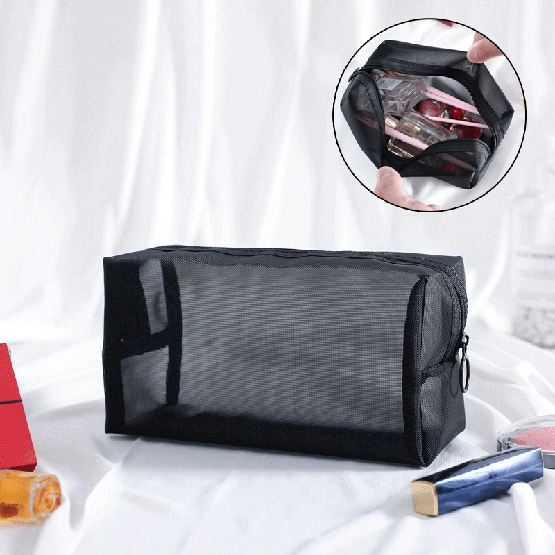 Black Mesh Makeup Bag Women Transparent Cosmetic Bag Small Large Portable Storage Bags Travel Toiletries Towel Organizer Pouch