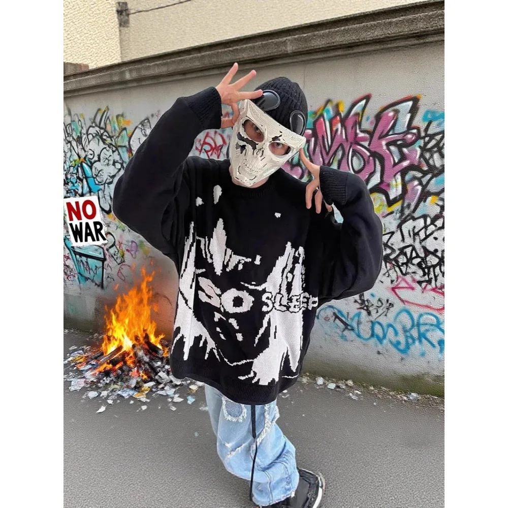 Y2K Anime Girl Graphic Jacquard Sweater Unisex Black White Pixel Print Oversized Crew Neck Pullover Grunge Streetwear Winter