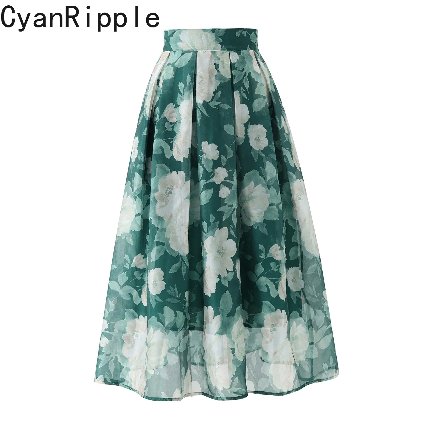 

High Quality New Spring Summer Green Puff Skirt Hepburn Style All-match High Waist Mid-long Elegant Printing A-line Floral Skirt