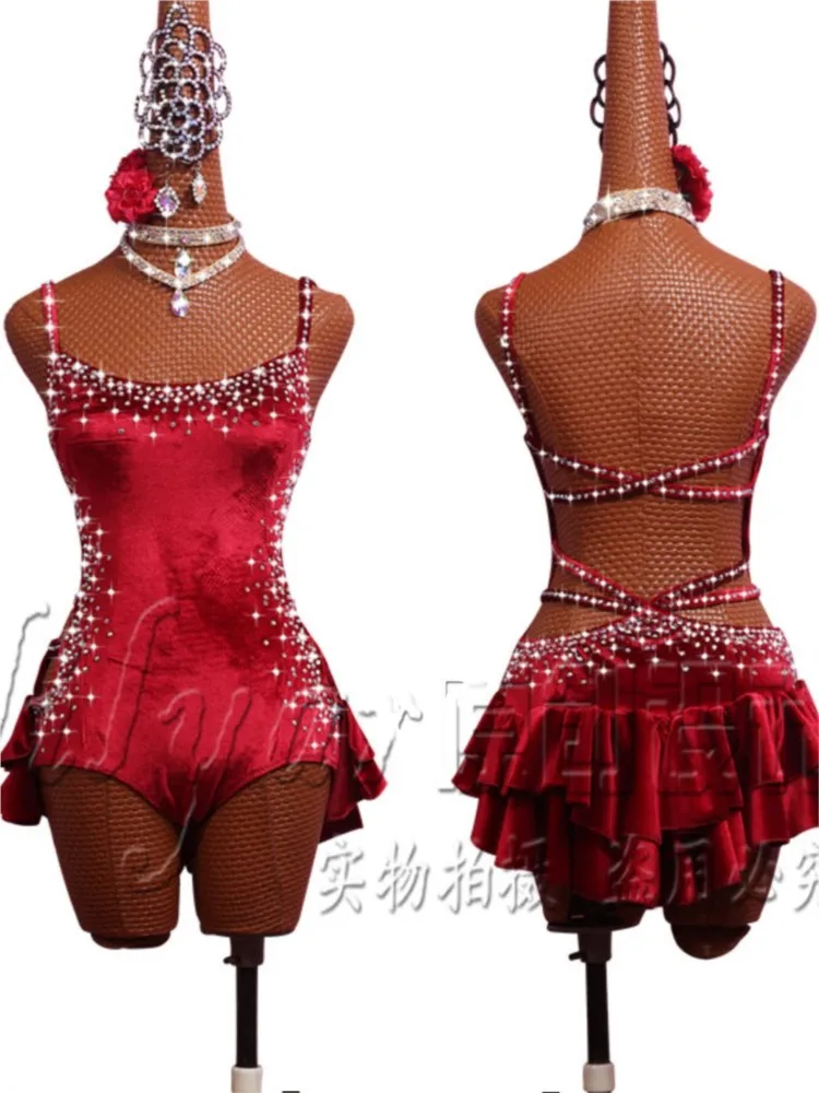 

Latin Dance Performance Attire Sasa SALSA Jumpsuit Wine Red High Slit Sexy Strap