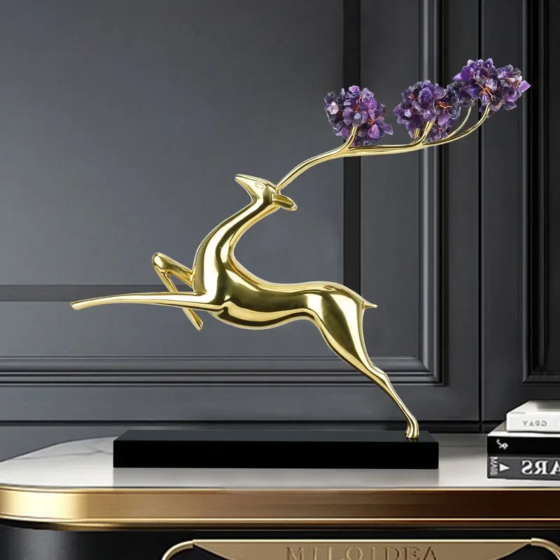 Natural amethyst crystal deer statues, luxury gold plated modern art decorations, handmade home office decorations,