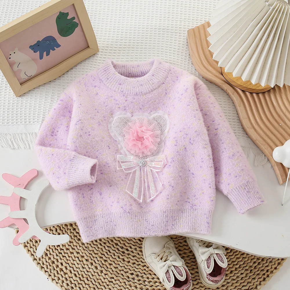 

Осенне-зимний детский стиль, пуловер, вязаный свитер с мультяшной аппликацией для девочек 2-6 лет стильный и теплый