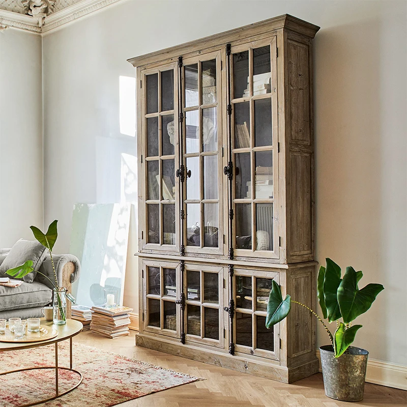 

Бытовой книжный шкаф от пола до потолка из цельного дерева для гостиной, витрина со стеклянной дверью