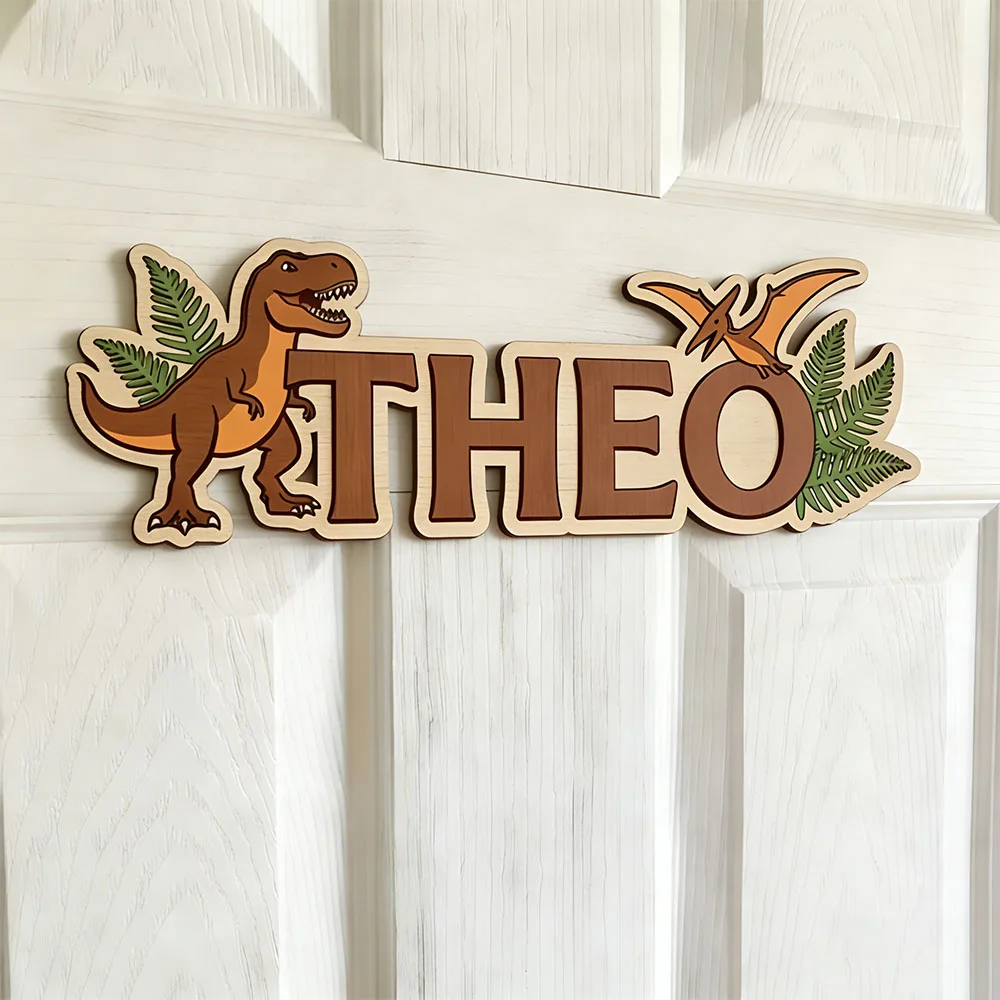 Personalized Dinosaur Name Sign for The Dearest Baby, Wooden Nursery Decor with T-Rex & Pterodactyl, Cute Kids Door Plaque, Baby