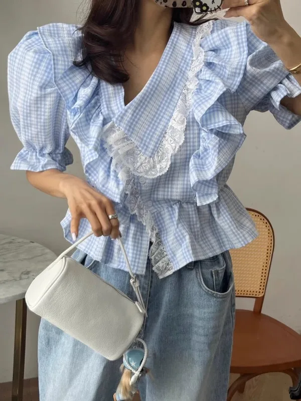 

Chic Plaid Bubble Sleeve V-Neck Slim Fit Shirt Women's Asymmetric Waist-Cinching Hemline Top Cotton Commute Style Summer