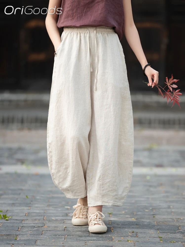 

Linen Pants OriGoods, женские новые летние брюки 2025 года, 100% льняные свободные шаровары с эластичной резинкой на талии, тонкие крутые укороченные брюки C117