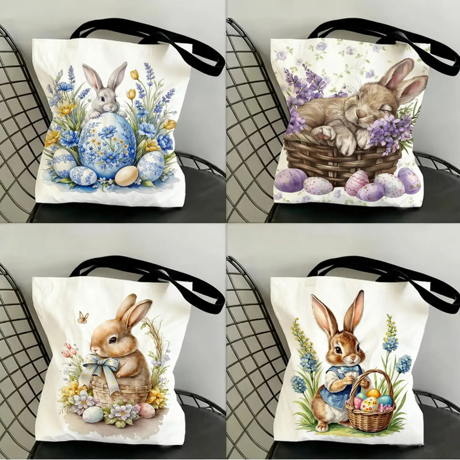 

Easter Bunny Storage Bags Canvas Double-Sided Print Shopping Bag Large Capacity Aesthetic Reusable Tote Bag