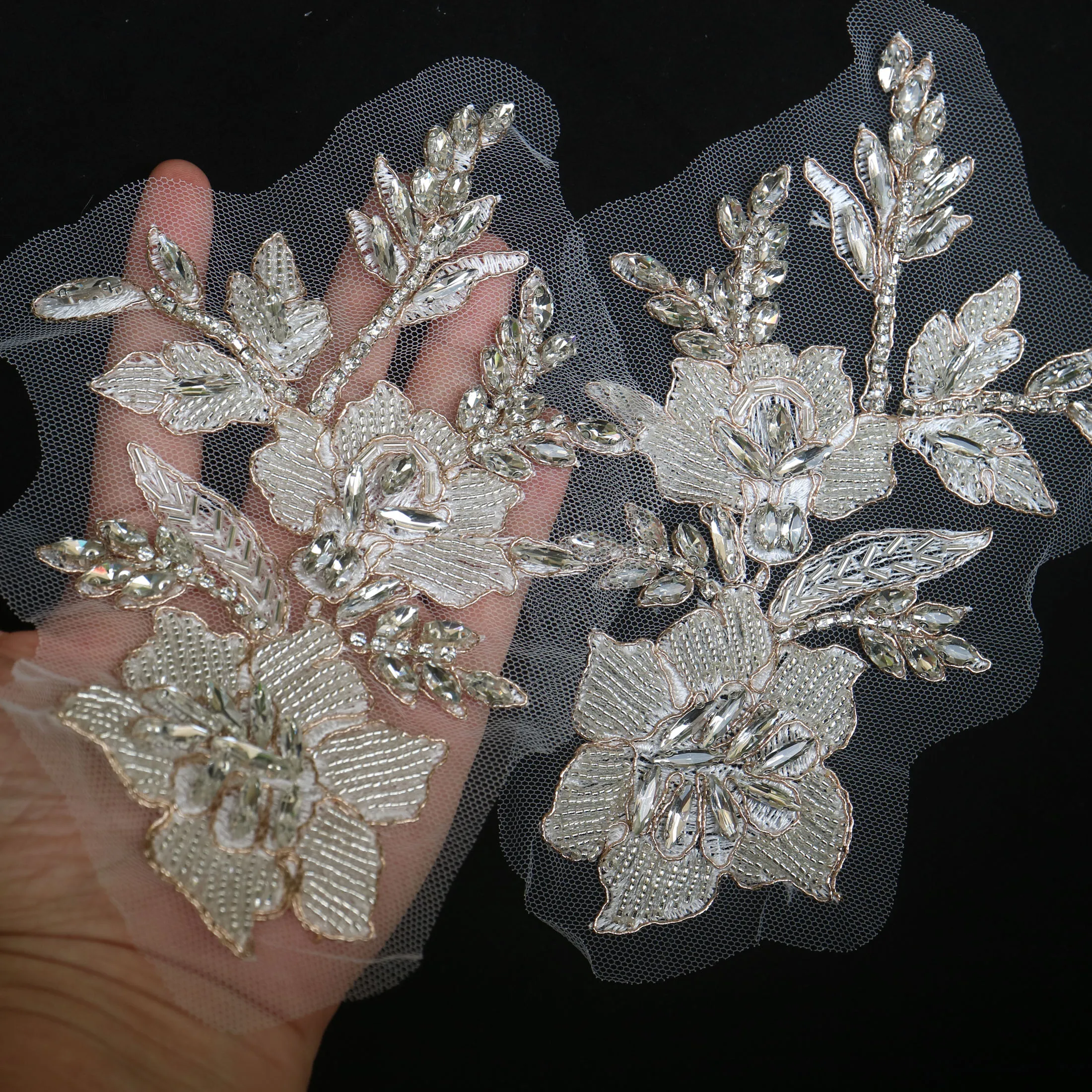 2 Stück/Paar Luxuriöse Glas-Strass-Perlen-Applikationen für Kleidung, DIY-Applikationen zum Aufnähen, Blumenapplikationen für Hochzeitskleider, Stickerei – Detail 9