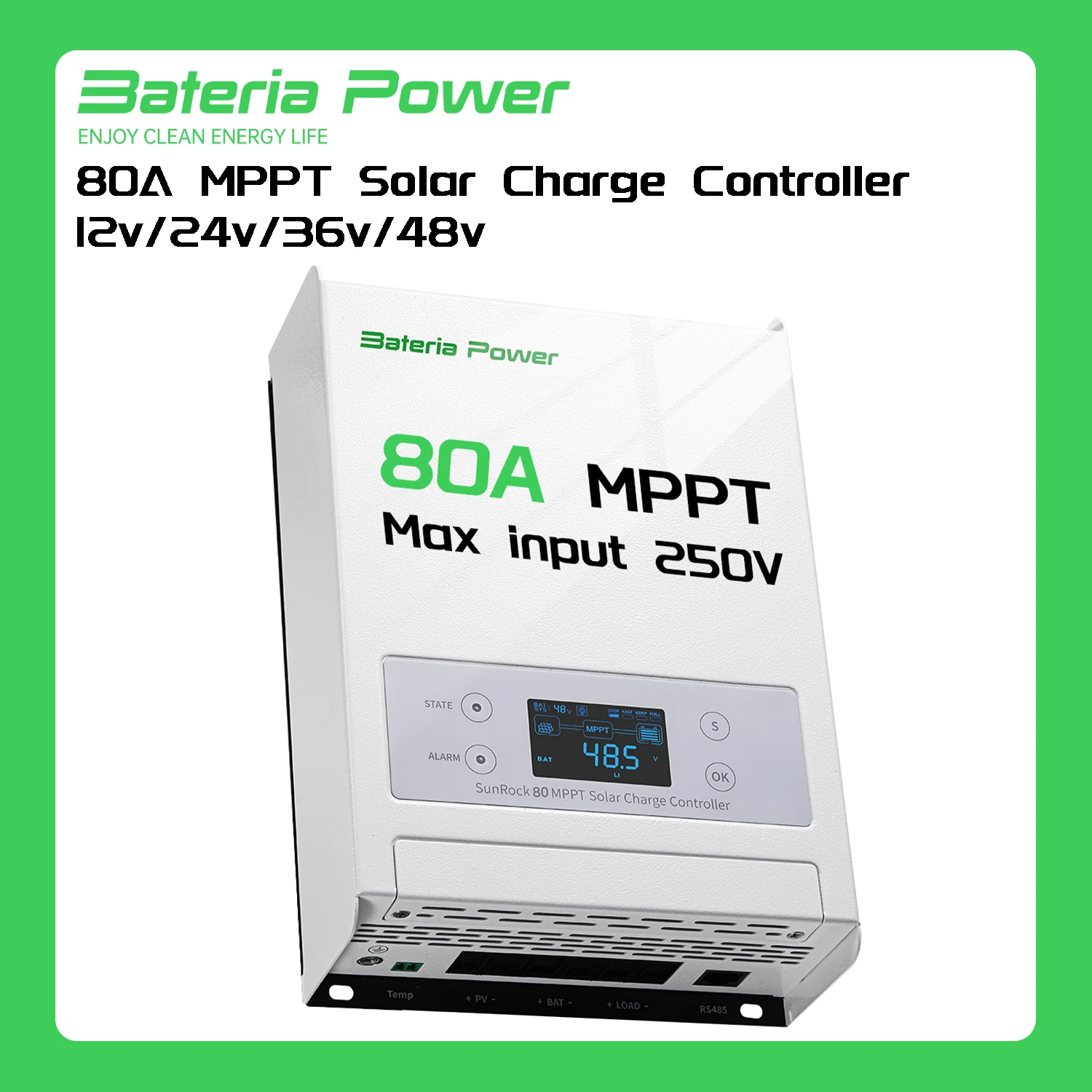 Bateria Power 80A 12/24/36/48V MPPT Solar Charge Controller, 99.5% MPPT Efficiency Solar Panel Charge Regulator（SunRock 80）